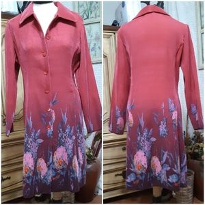Womens Fancy Dress Coat Sz Medium Jacket Rose Pink Floral Housecoat Long Sleeve